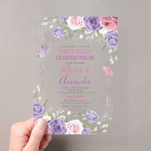 Invitaciones Acrílicas Flor de Morado Cruz Plateada Rosa 1ra Comunión