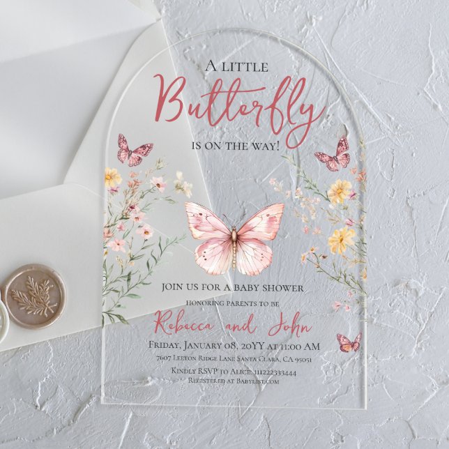 Invitaciones Acrílicas Flor floral de mariposa rústica Baby Shower (Subido por el creador)