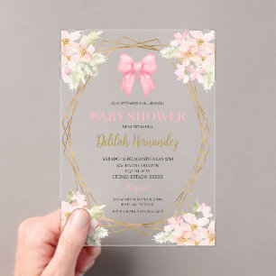 Invitaciones Acrílicas Flor rosa español ducha de bebé acrílico
