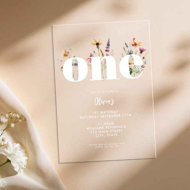 Invitaciones Acrílicas Flor salvaje Boho moderno Primer cumpleaños (Subido por el creador)