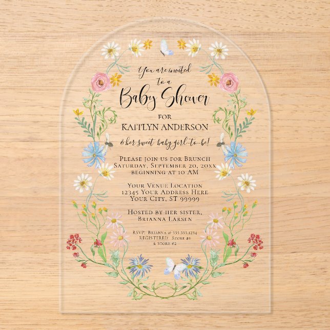 Invitaciones Acrílicas Flor silvestre Abejas Floral Acuarela Niña Ducha (Anverso)