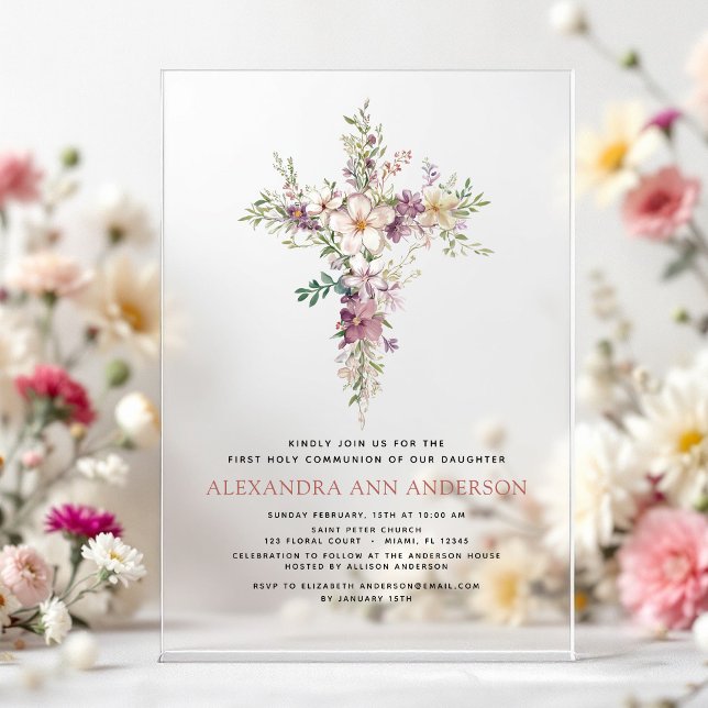 Invitaciones Acrílicas Flor silvestre de la Primera Comunión Púrpura (Subido por el creador)