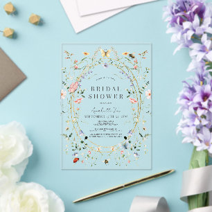 Invitaciones Acrílicas Flor silvestre mariposa de abeja acuarela ducha de
