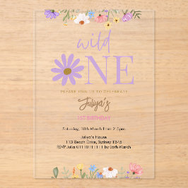 Invitaciones Acrílicas Flor silvestre morada 1º cumpleaños