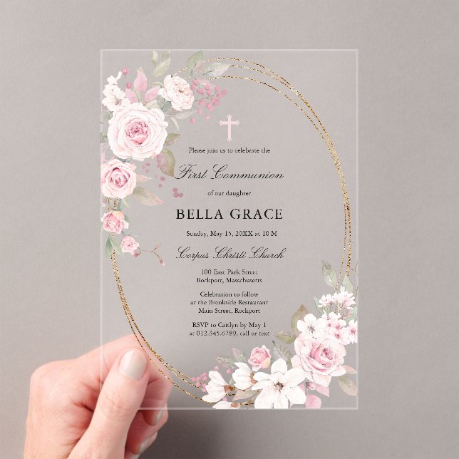 Invitaciones Acrílicas Flora rosa rosa rosada rustica primera comunión sa (Insitu (portátil))