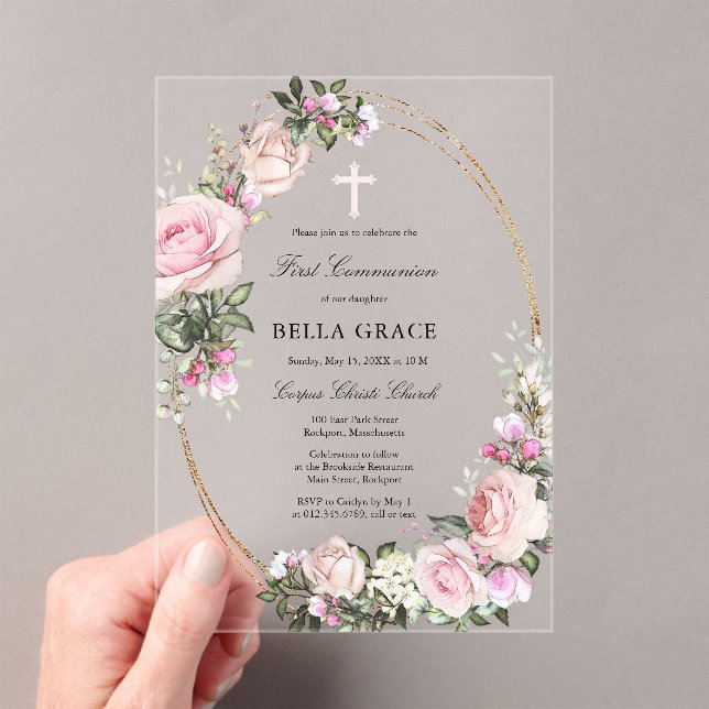 Invitaciones Acrílicas Flora rosa rosa rosada rustica primera comunión sa (Insitu (portátil))