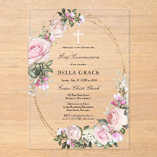 Invitaciones Acrílicas Flora rosa rosa rosada rustica primera comunión sa