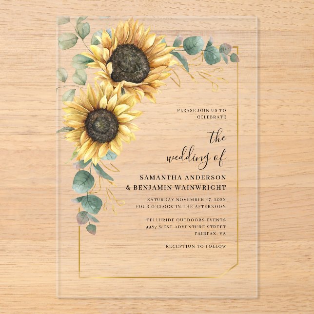 Invitaciones Acrílicas Floral acuarela Boda girasol (Anverso)