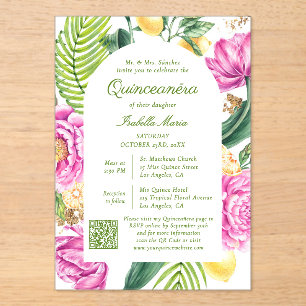 Invitaciones Acrílicas Floral acuarela Foto Código QR Quinceañera
