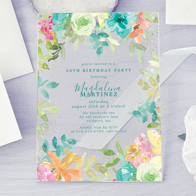 Invitaciones Acrílicas Floral Acuarela Verano Cumpleaños 50 Claro (Subido por el creador)