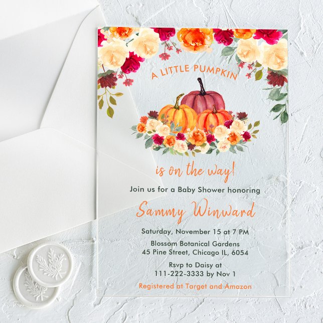 Invitaciones Acrílicas Floral Autumn Naranja Pumpkins Baby Shower (Subido por el creador)