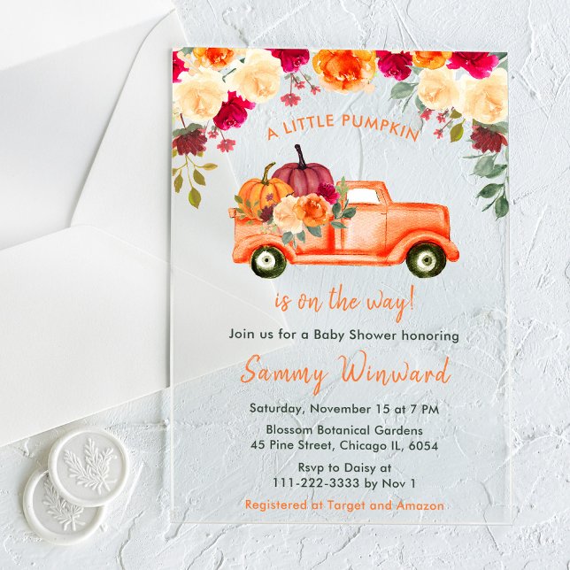Invitaciones Acrílicas Floral Autumn Pumpkin Truck Baby Shower (Subido por el creador)