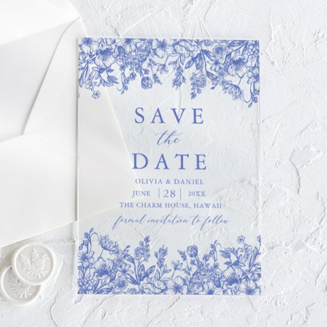 Invitaciones Acrílicas Floral azul de época moderna y elegante que salva  (Subido por el creador)