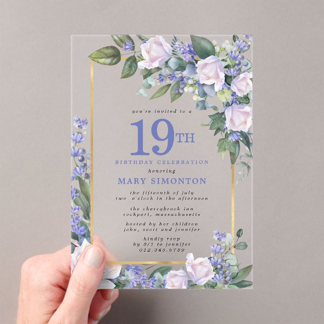 Invitaciones Acrílicas Floral azul de oro blanco 19 cumpleaños (Insitu (portátil))
