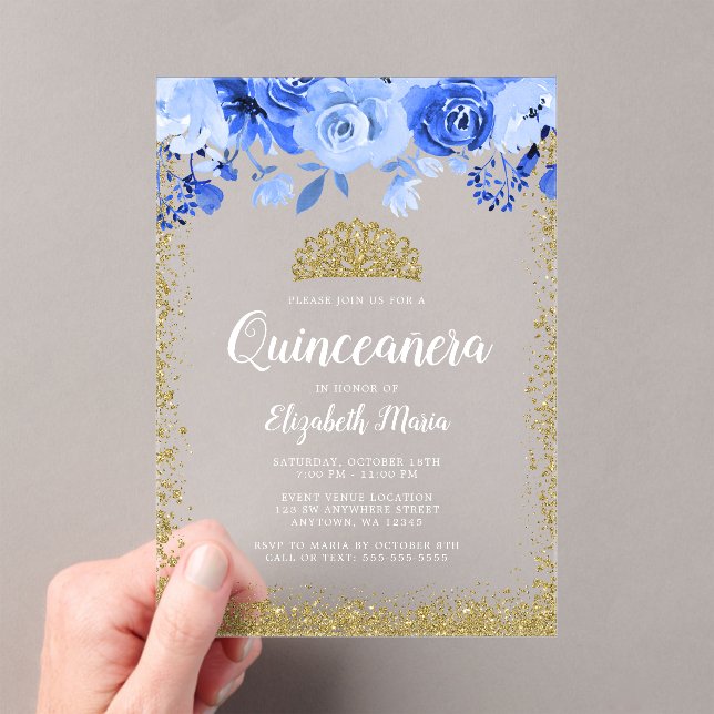 Invitaciones Acrílicas Floral azul Faux Gold Purpurina Tiara Quinceanera (Insitu (portátil))