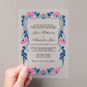 Invitaciones Acrílicas Floral azul marino y fucsia