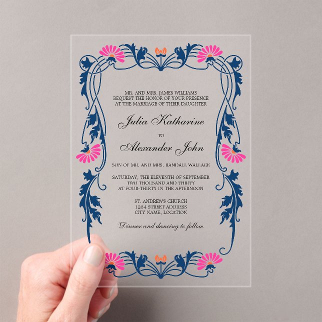 Invitaciones Acrílicas Floral azul marino y fucsia (Insitu (portátil))