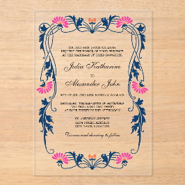 Invitaciones Acrílicas Floral azul marino y fucsia