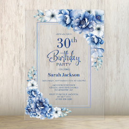 Invitaciones Acrílicas Floral azul moderno 30 cumpleaños Fiesta