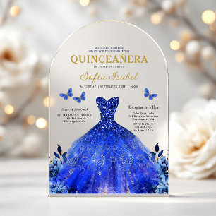 Invitaciones Acrílicas Floral Azul Real Mariposa Princesa Quinceañera