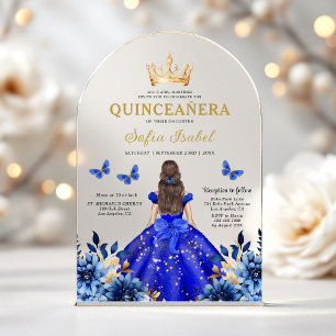 Invitaciones Acrílicas Floral Azul Real Mariposa Princesa Quinceañera