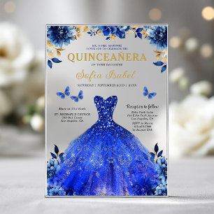 Invitaciones Acrílicas Floral Azul Real Mariposa Princesa Quinceañera