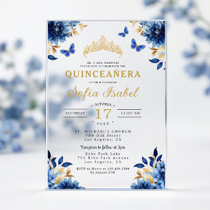 Invitaciones Acrílicas Floral Azul Real Mariposa Princesa Quinceañera