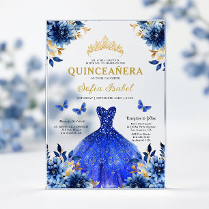 Invitaciones Acrílicas Floral Azul Real Mariposa Princesa Quinceañera