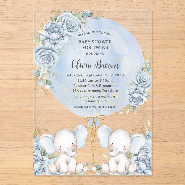 Invitaciones Acrílicas Floral azul suave cute Elefantes gemelos Baby Show (Anverso)