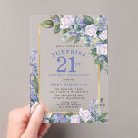 Invitaciones Acrílicas Floral blanca azul 21ª Fiesta sorpresa por cumplea<br><div class="desc">Impreso sobre fondo acrílico transparente. Honre a una mujer especial con esta elegante y femenina invitación de la Fiesta sorpresa de cumpleaños número 21. Sorpresa y 21 están escritas en grandes textos azules. Sigue la celebración del cumpleaños. El nombre de la clientela distinguida también está escrito en mayúsculas azules. Los...</div>