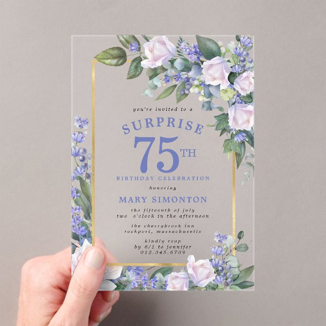 Invitaciones Acrílicas Floral blanca azul 75º Fiesta sorpresa de cumpleañ (Insitu (portátil))