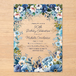 Invitaciones Acrílicas Floral blanca azul turquesa 90 cumpleaños