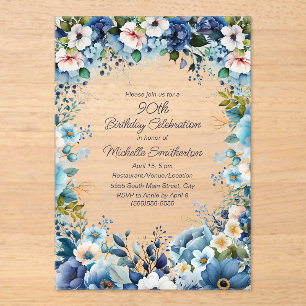 Invitaciones Acrílicas Floral blanca azul turquesa 90 cumpleaños