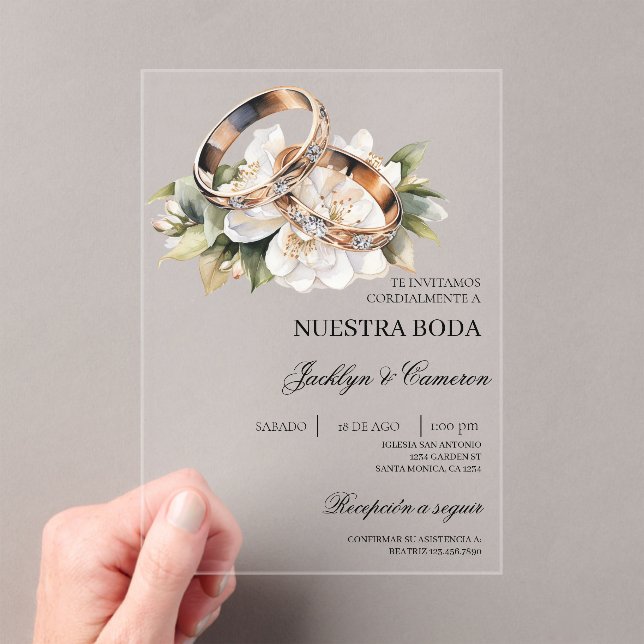Invitaciones Acrílicas Floral blanca con anillo acrílico Boda español (Insitu (portátil))