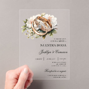 Invitaciones Acrílicas Floral blanca con anillo Boda español
