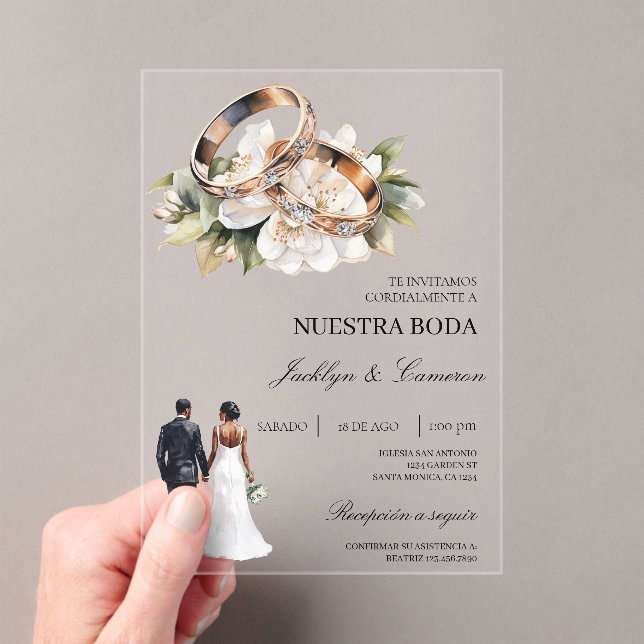 Invitaciones Acrílicas Floral blanca con anillo Boda español (Insitu (portátil))