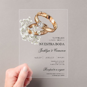 Invitaciones Acrílicas Floral blanca con anillo Boda español