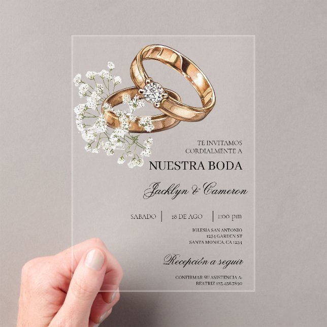 Invitaciones Acrílicas Floral blanca con anillo Boda español (Insitu (portátil))