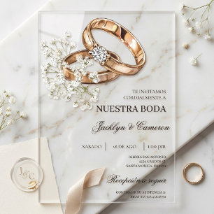 Invitaciones Acrílicas Floral blanca con anillo Boda español