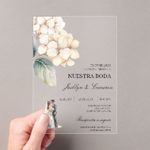Invitaciones Acrílicas Floral blanca con anillo Boda español