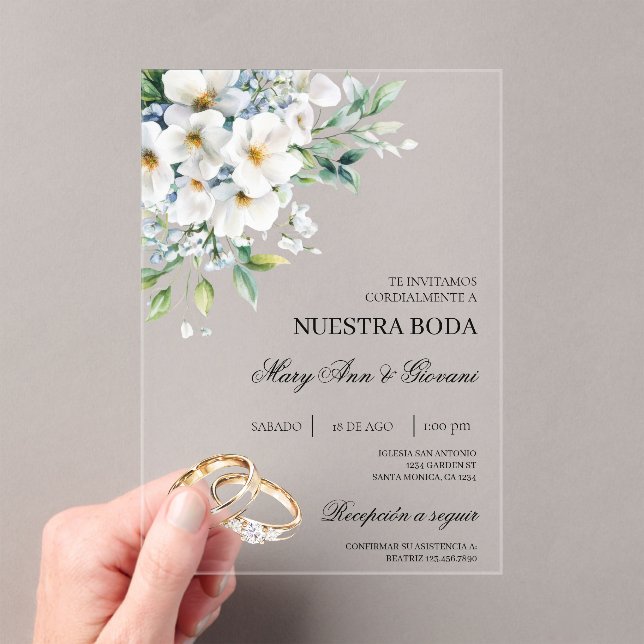 Invitaciones Acrílicas Floral blanca con anillo de oro Boda español (Insitu (portátil))