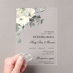 Invitaciones Acrílicas Floral blanca con anillo de plata Boda español