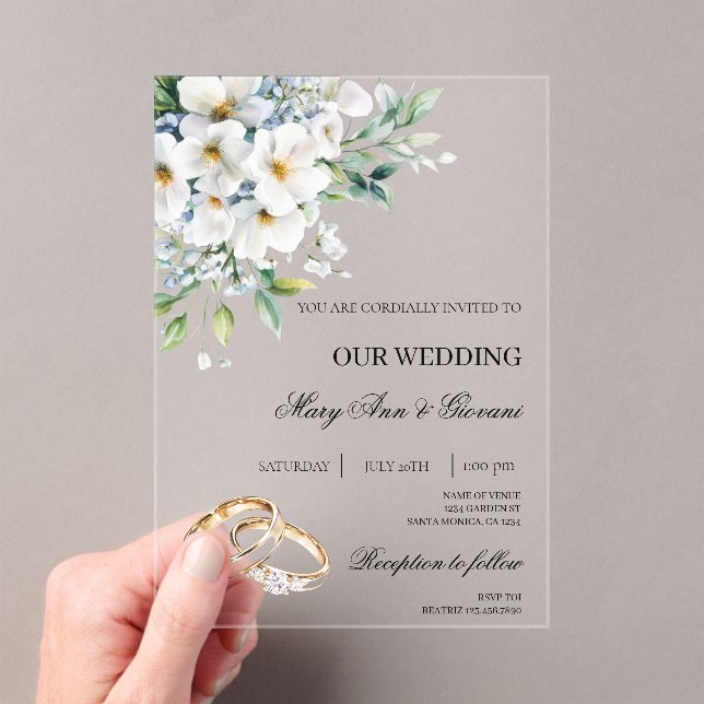 Invitaciones Acrílicas Floral blanca con Boda de anillo dorado (Insitu (portátil))