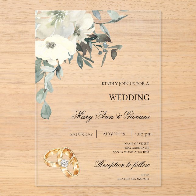 Invitaciones Acrílicas Floral blanca con Boda de anillo dorado (Anverso)