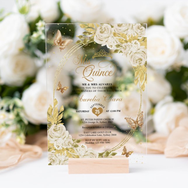 Invitaciones Acrílicas Floral blanca Oro Tiara Mariposa Mis Quinceañera (Subido por el creador)