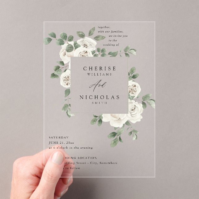Invitaciones Acrílicas Floral blanca suave y eucalipto Boda V2 (Insitu (portátil))