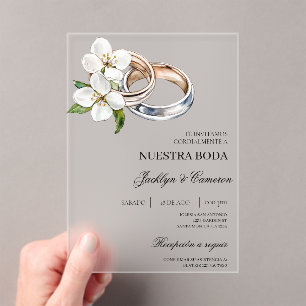 Invitaciones Acrílicas Floral blanco con anillo Boda española