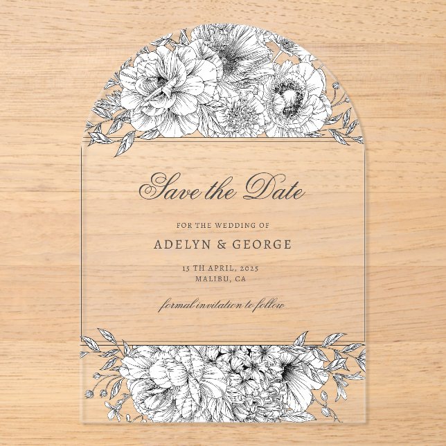 Invitaciones Acrílicas Floral blanco elegante negro salva la fecha (Anverso)