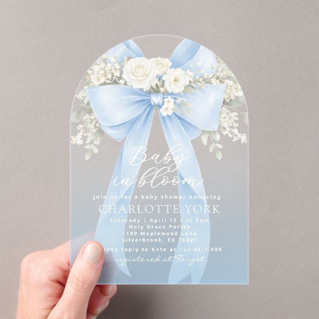 Invitaciones Acrílicas Floral Blue Bow Baby in Bloom Boy Baby Shower (Insitu (portátil))