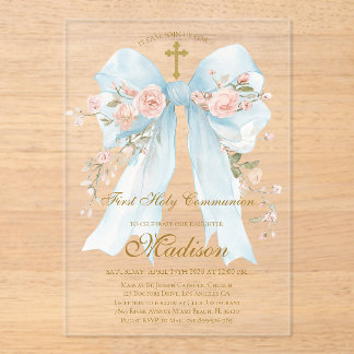Invitaciones Acrílicas Floral Blue Bow First Holy Communion Girl